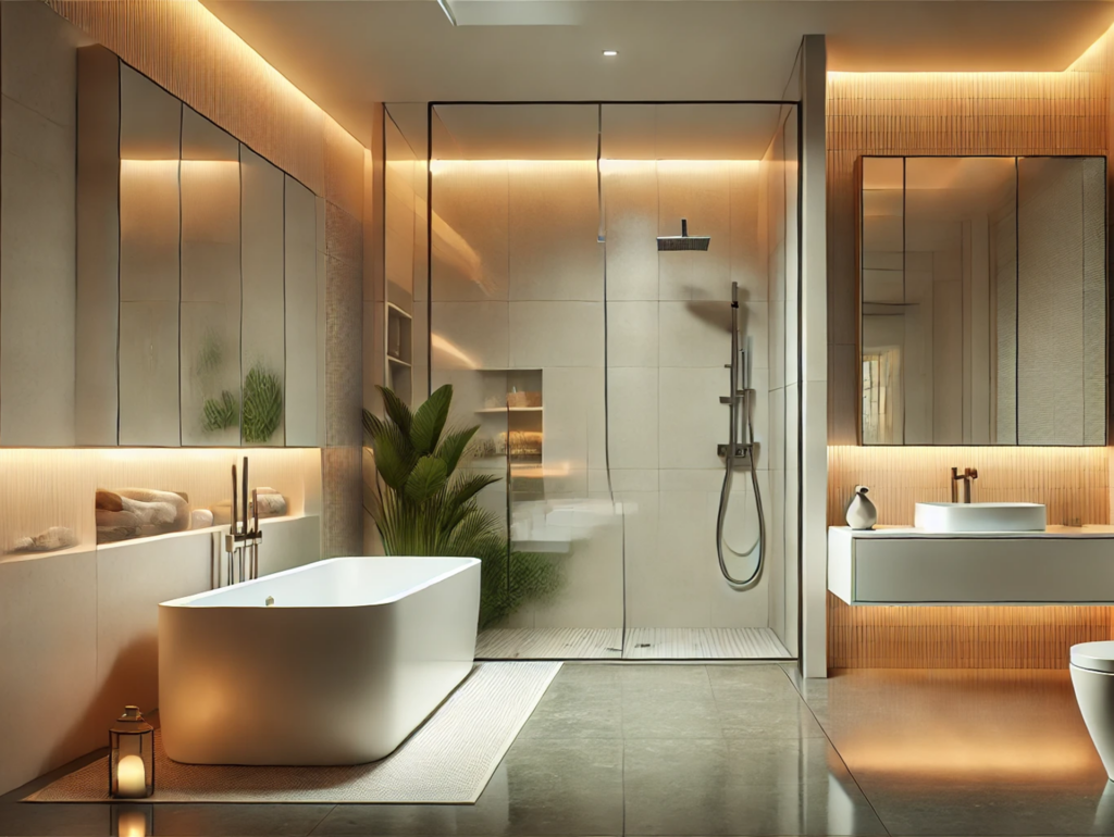 cuisine à l'italienne avec un bain sur pieds sur un tapis blanc. une grande douche au fond de la pièce avec de grand fenêtre comme porte par la suite a droite de la photo un comptoir supposer du sols avec une lumière ambiance au plafond. de plus il y beaucoup d'espace de rangement.