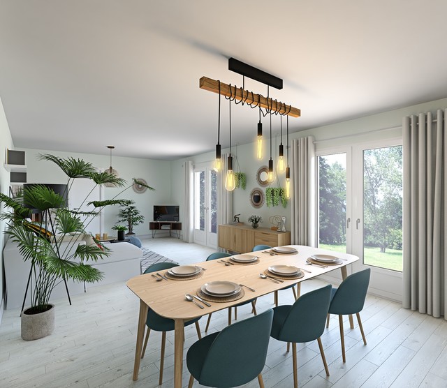 cuisine moderne avec des accent bleu un palmier et et belle table en bois